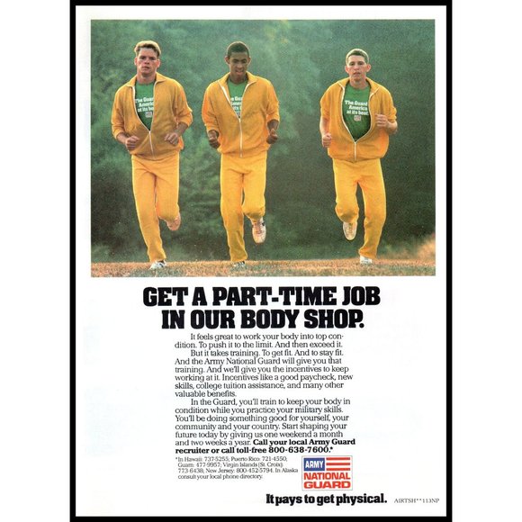1983 US Army National Guard Recruiter Vintage Print Ad Yellow Tracksuit Wall Art - Picture 1 of 1